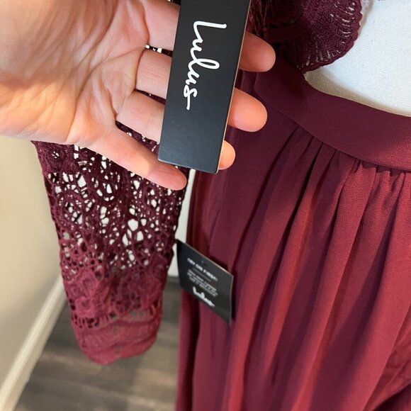 NWT Lulus Burgundy Awaken My Love Long Sleeve Open Back Lace Maxi Dress, Size S - Picture 15 of 16